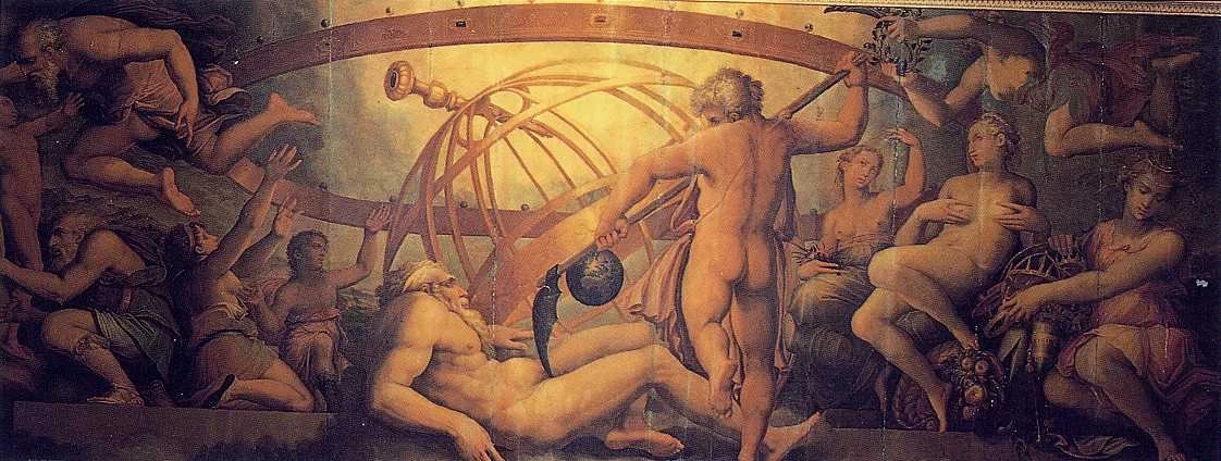Sala degli elementi, aria, Crono (Saturno) castra suo padre Urano, il dio greco del cielo , di Vasari, C. Gherardi e Marco da Faenza
